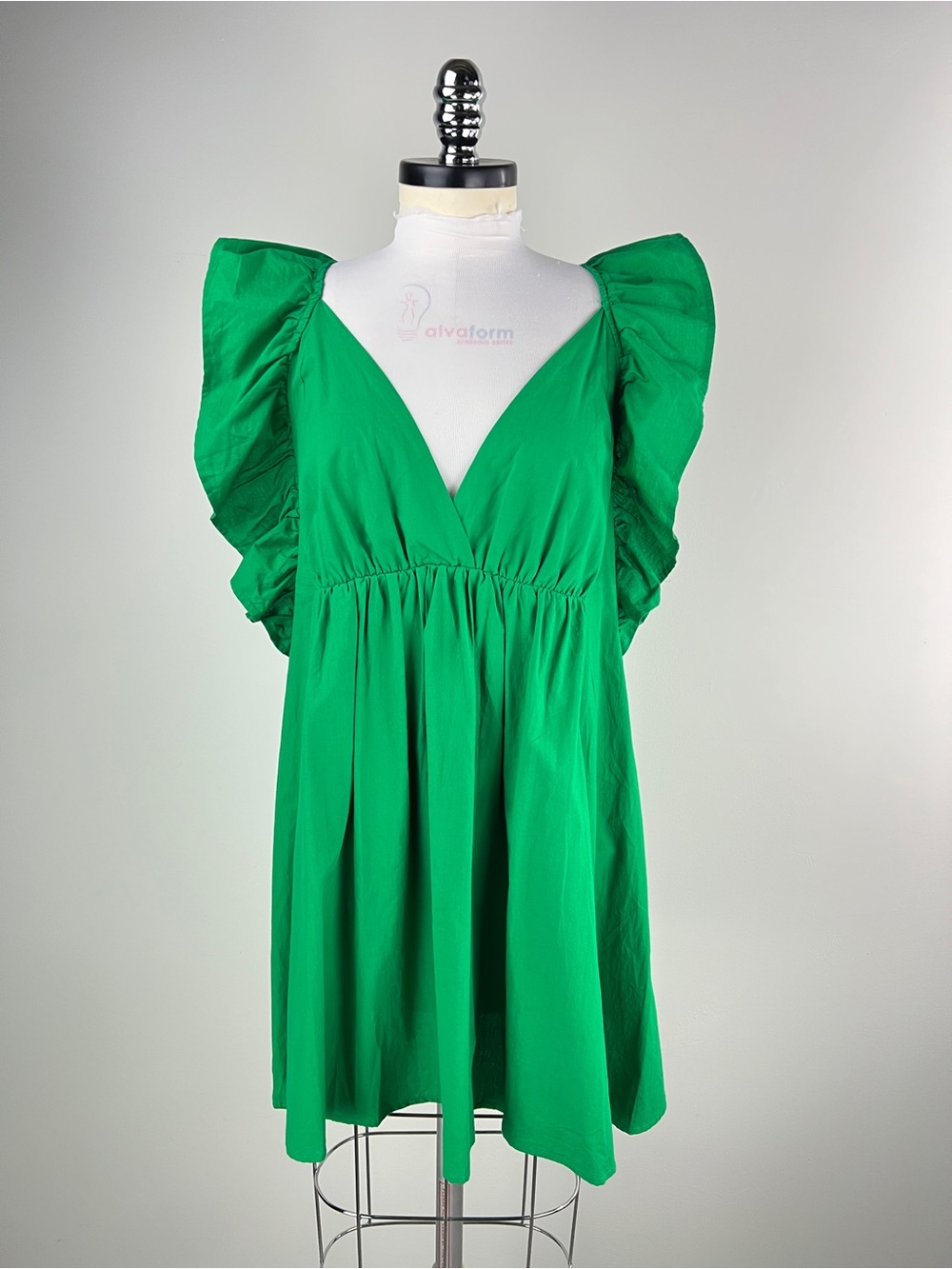 💚 3825. Green Ruffle Sleeve Crossover Women’s Mini Dress